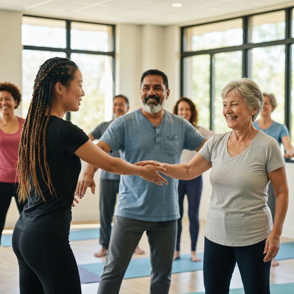 Diverse group of people doing gentle movement exercises together in educational workshop setting