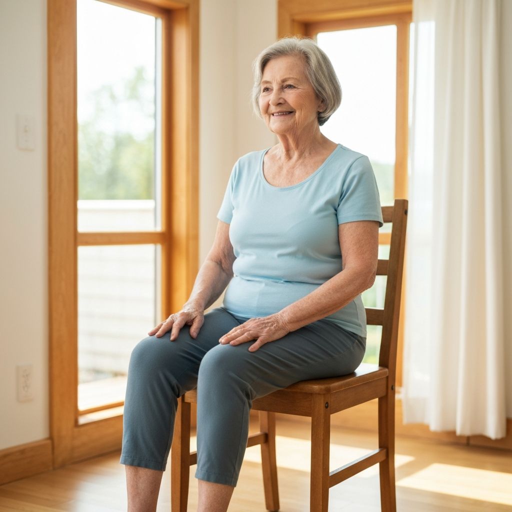 Elderly woman doing seated chair exercises with gentle leg lifts at home