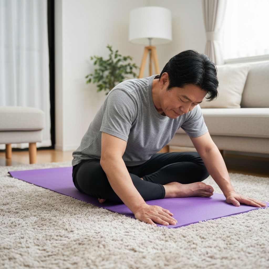 Person doing gentle floor stretches on yoga mat at home